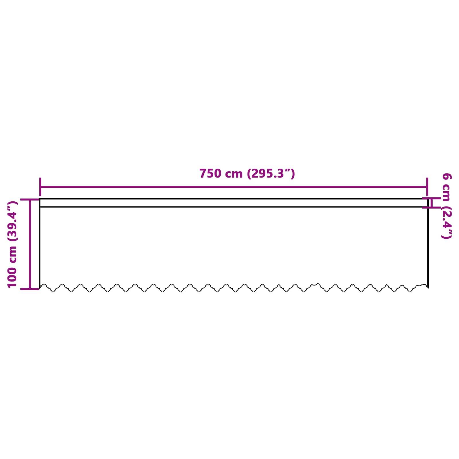 Rechteckiges Objekt: 750 cm breit, 6 cm hoch, 100 cm tief, mit gezackter Unterkante.
