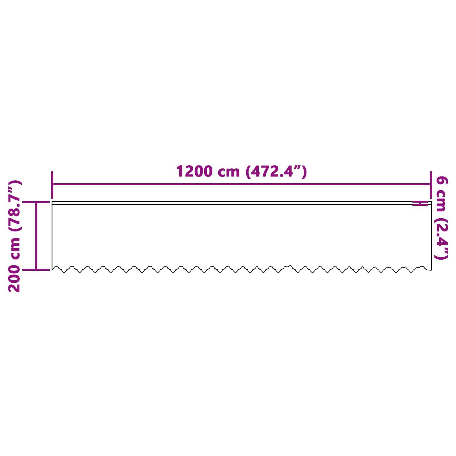 Zeichnung einer Säge mit gezacktem Blatt. Abmessungen sind markiert: 1200 cm (472,4