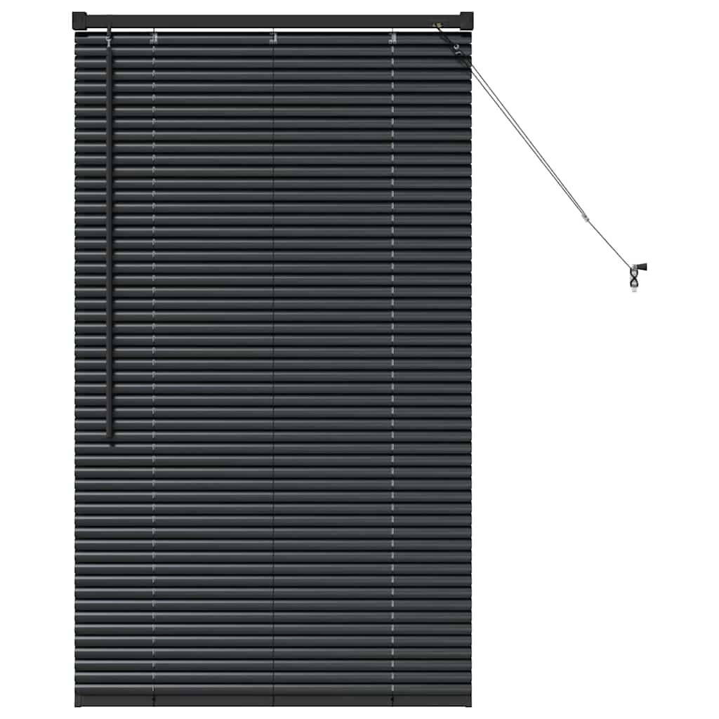 Dunkelgraue Fensterjalousien mit verstellbarem Stab.