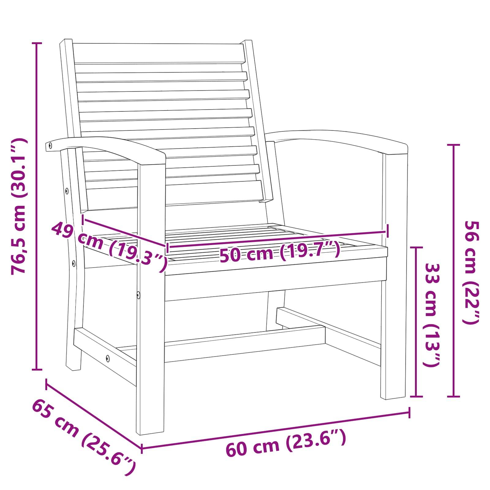 Eine Skizze eines Holzstuhls mit Abmessungen: Höhe 76,5 cm, Breite 65 cm, Tiefe 60 cm. Sitzhöhe 33 cm, Rückenlehne 56 cm hoch.