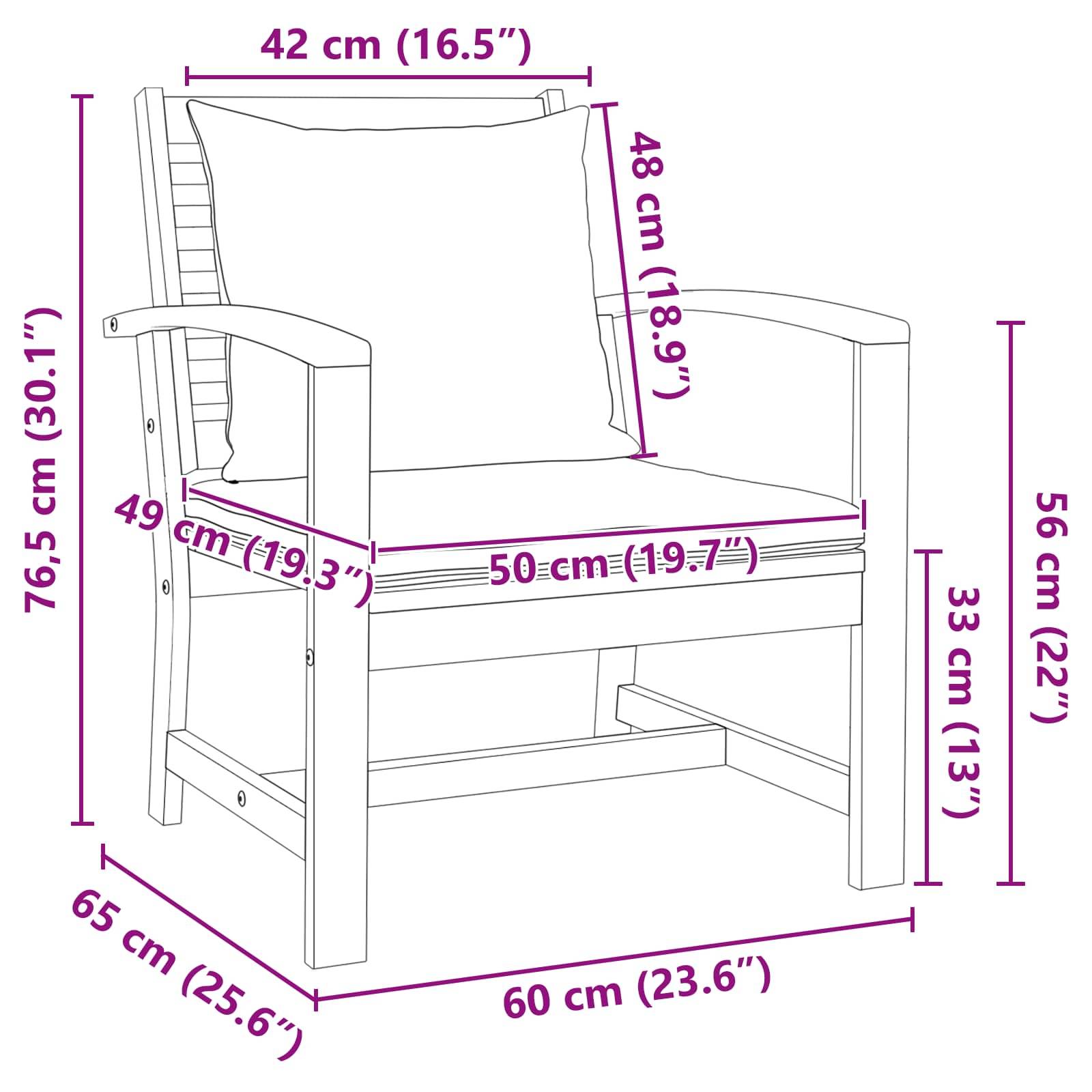 Diagramm eines Stuhls mit beschrifteten Maßen: Rückenlehne Höhe 49 cm (19,3