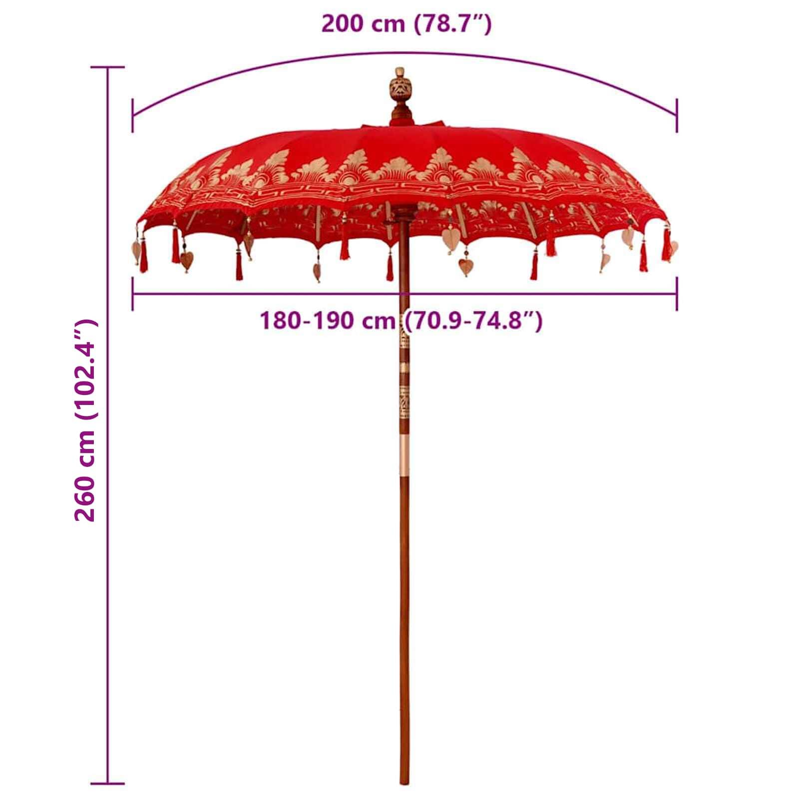 Großer roter verzierter Regenschirm mit goldenen Mustern, 260 cm Höhe und 200 cm Durchmesser.