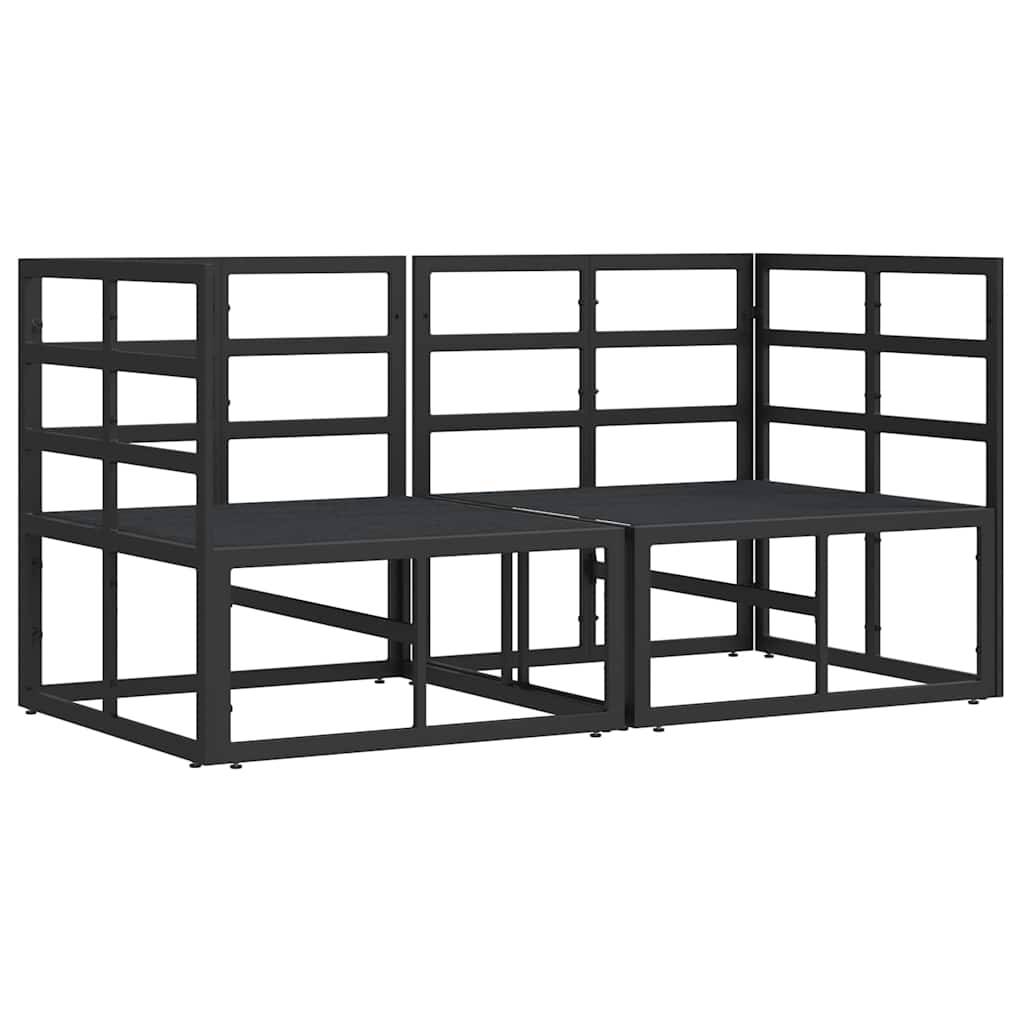 Schwarzes Metallregal mit zweigeschossigem Design, bestehend aus offenen Regalen auf beiden Ebenen und einer L-förmigen Konfiguration, geeignet für Eckenräume.