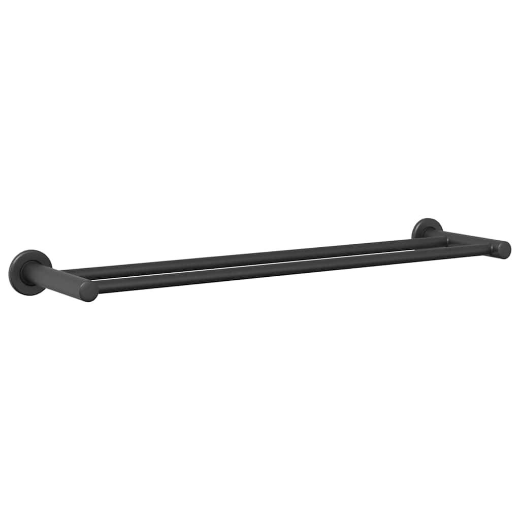 Eine schwarze Doppelhandtuchstange mit minimalistischem Design, geeignet für die Badezimmernutzung.