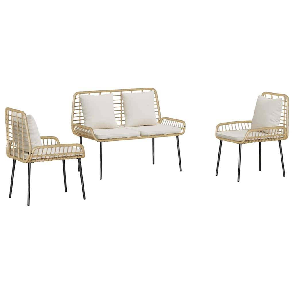 Outdoor-Sitzgruppe bestehend aus einer Zweisitzer-Couch und zwei passenden Stühlen mit beigen Kissen und schwarzen Metallfüßen, präsentiert vor einem weißen Hintergrund.