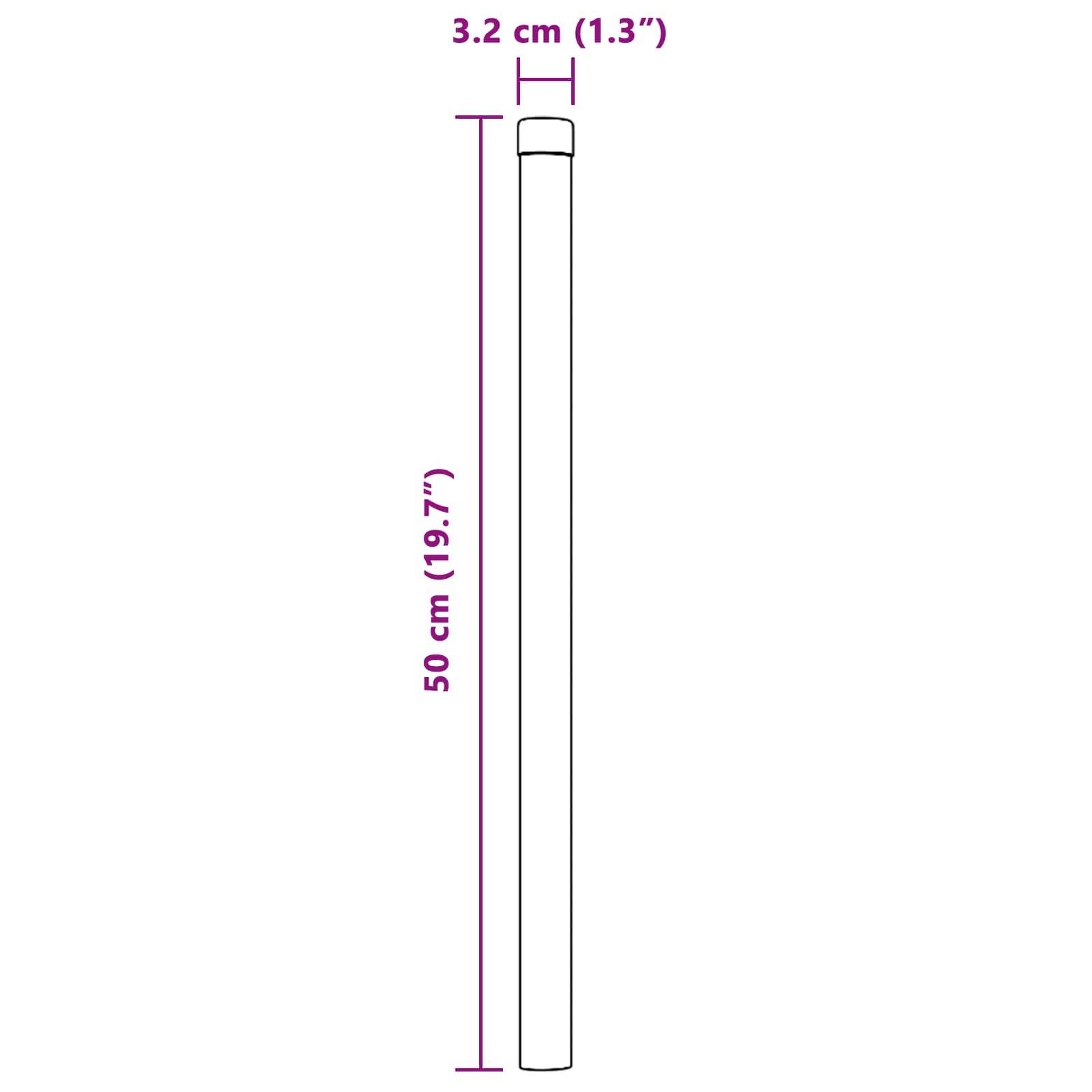 Eine vertikale zylindrische Stange, die 50 cm (19,7 Zoll) hoch und 3,2 cm (1,3 Zoll) im Durchmesser misst.