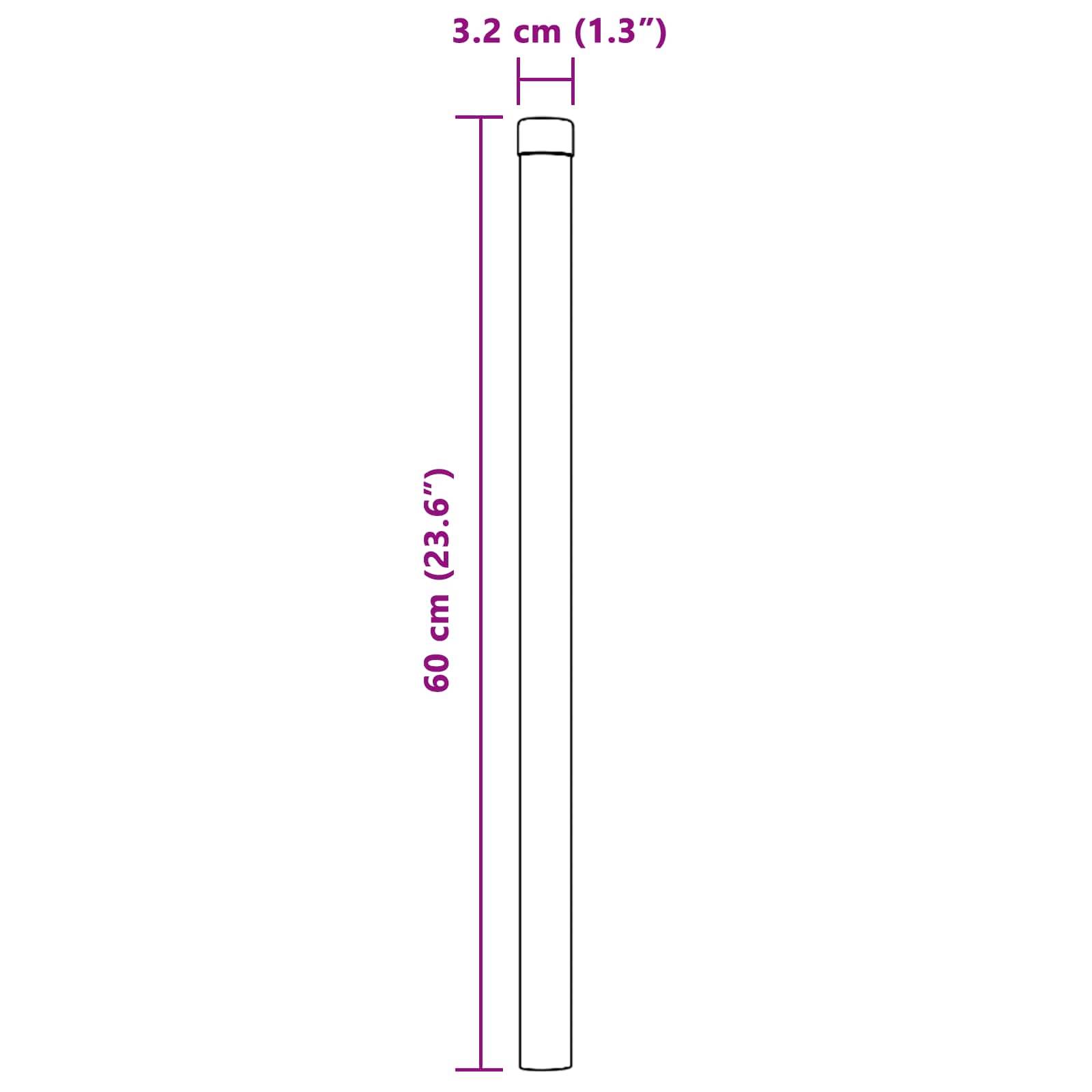 Ein zylindrisches Objekt mit den Abmessungen: Höhe 60 cm (23,6 Zoll) und Durchmesser 3,2 cm (1,3 Zoll), in vertikaler Ausrichtung dargestellt.