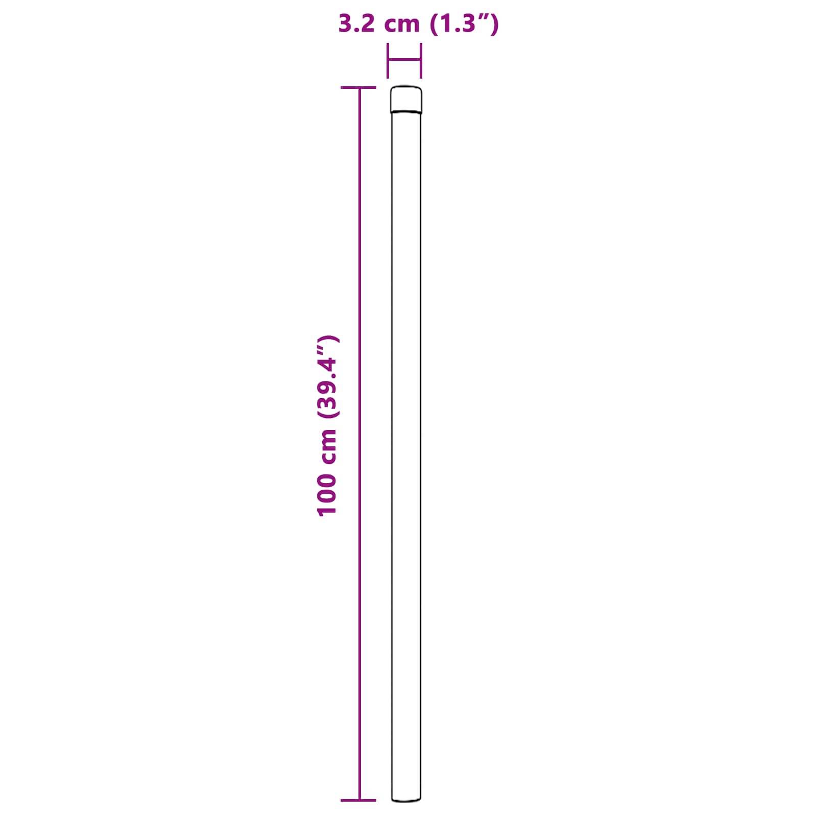 Ein gerader Stab mit beschrifteten Abmessungen. Länge: 100 cm (39,4 Zoll), Durchmesser: 3,2 cm (1,3 Zoll).