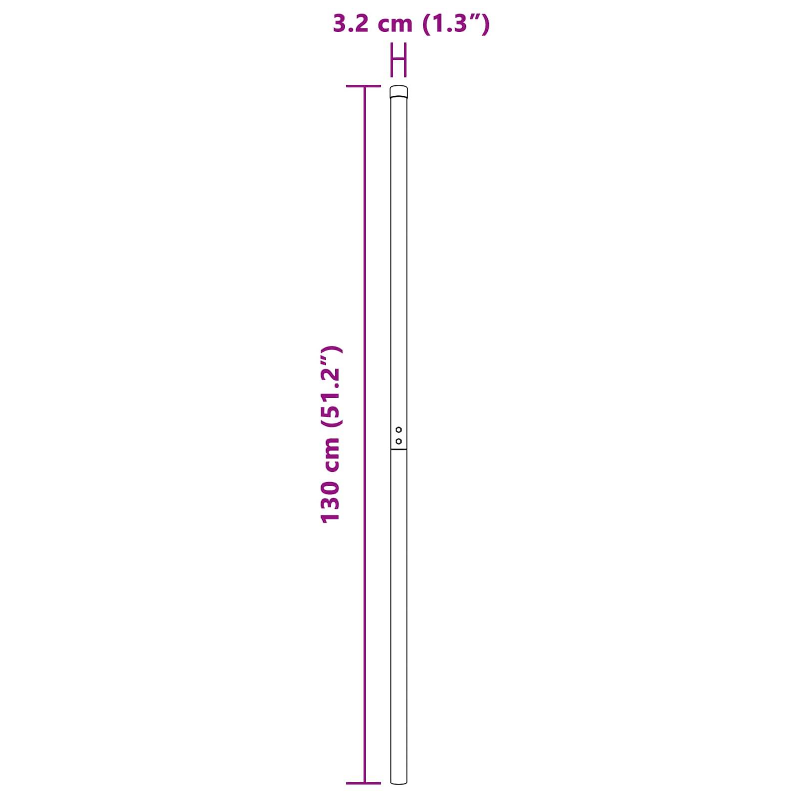 Ein vertikaler weißer Pfahl wird mit folgenden Abmessungen dargestellt: Höhe 130 cm (51,2