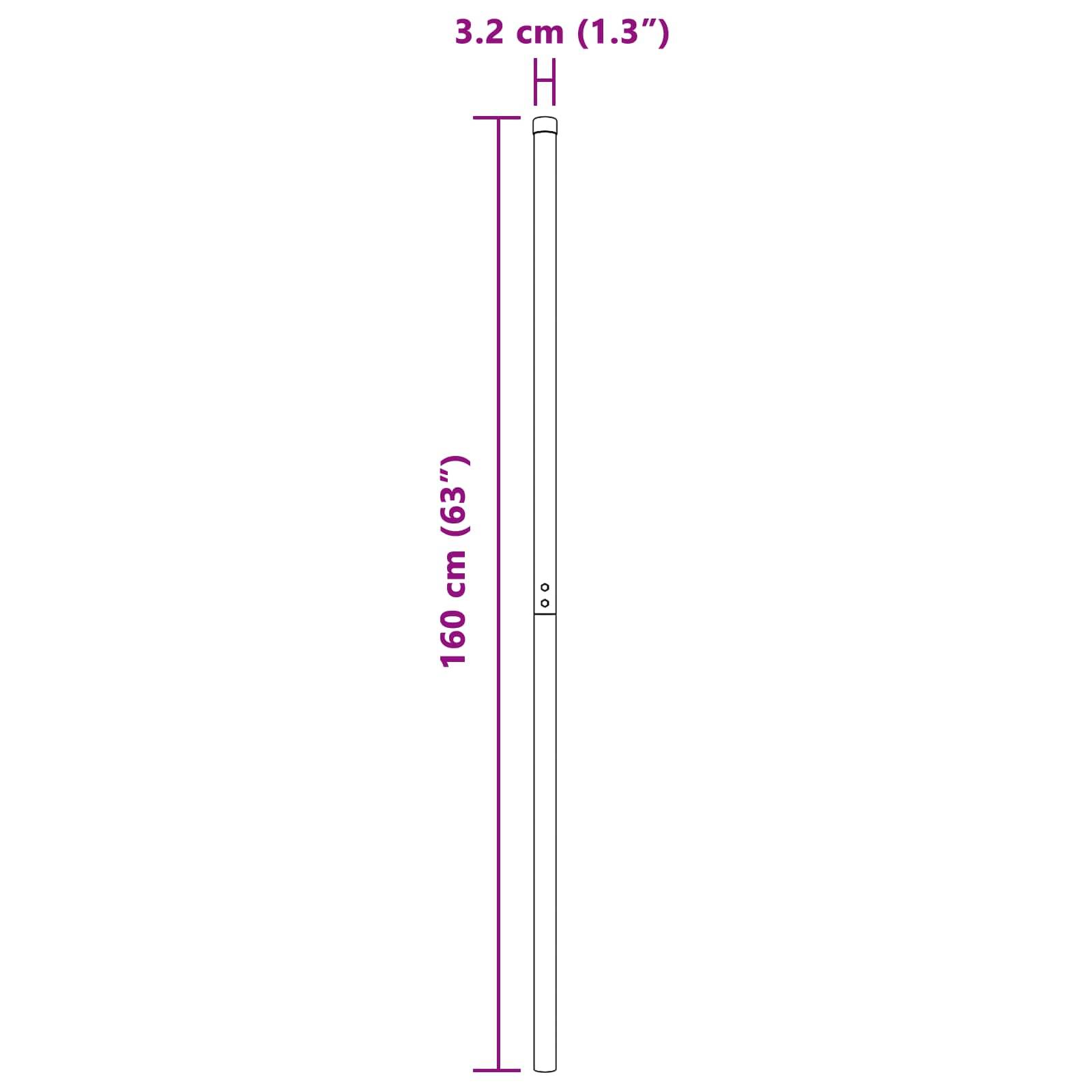 Eine vertikale Metallstange, 160 cm hoch (63 Zoll) und 3,2 cm Durchmesser (1,3 Zoll), wird mit Maßangaben an der Seite dargestellt.