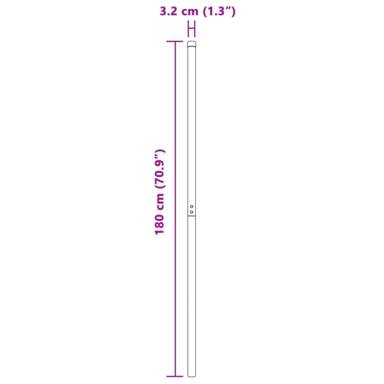 Eine Darstellung eines Stabes mit einem Durchmesser von 3,2 cm und einer Länge von 180 cm, wobei die Länge vertikal dargestellt und die Abmessungen in lila Text beschriftet sind.