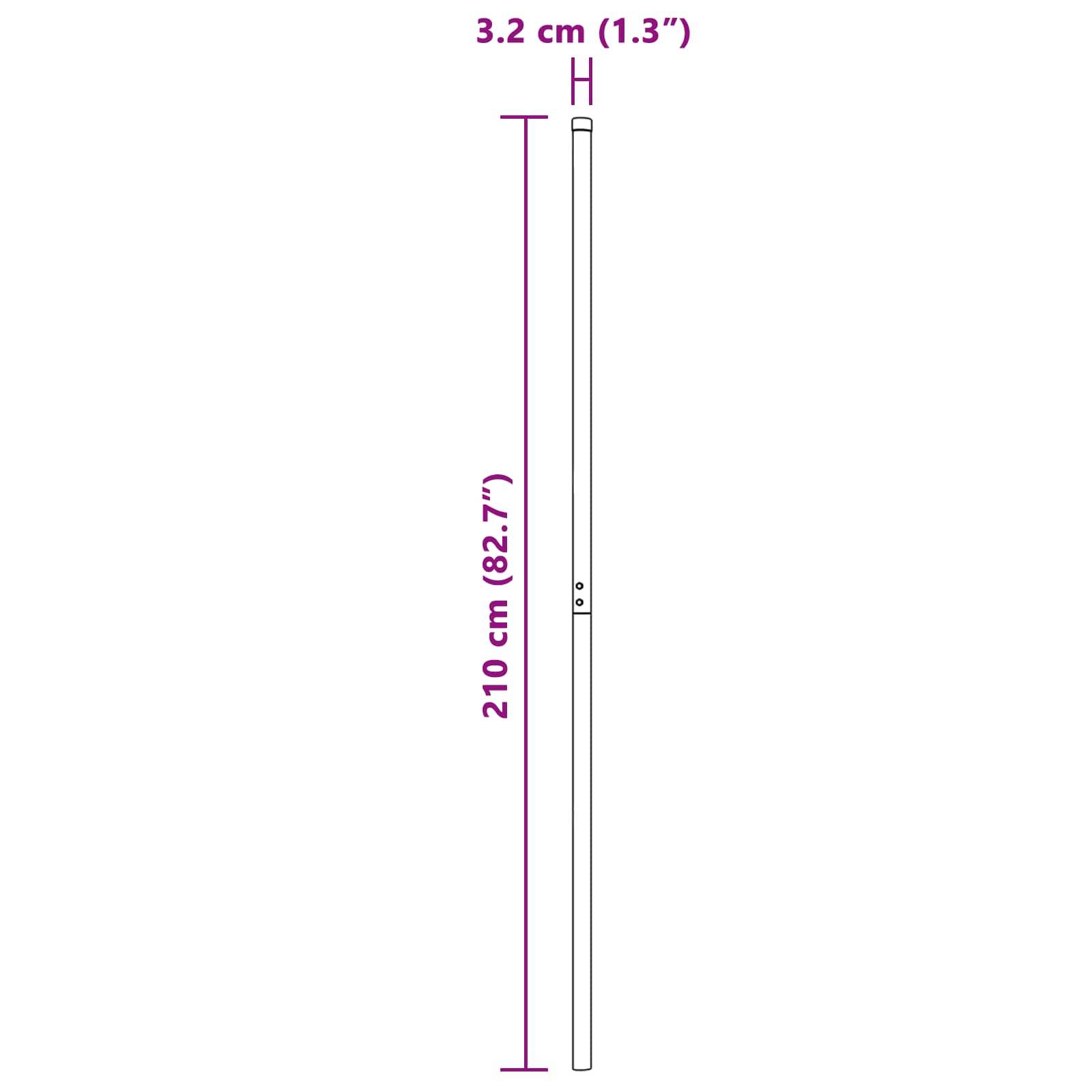 „Eine Skizze eines Pfahls mit Abmessungen; Höhe beträgt 210 cm (82,7 Zoll) und Durchmesser 3,2 cm (1,3 Zoll).