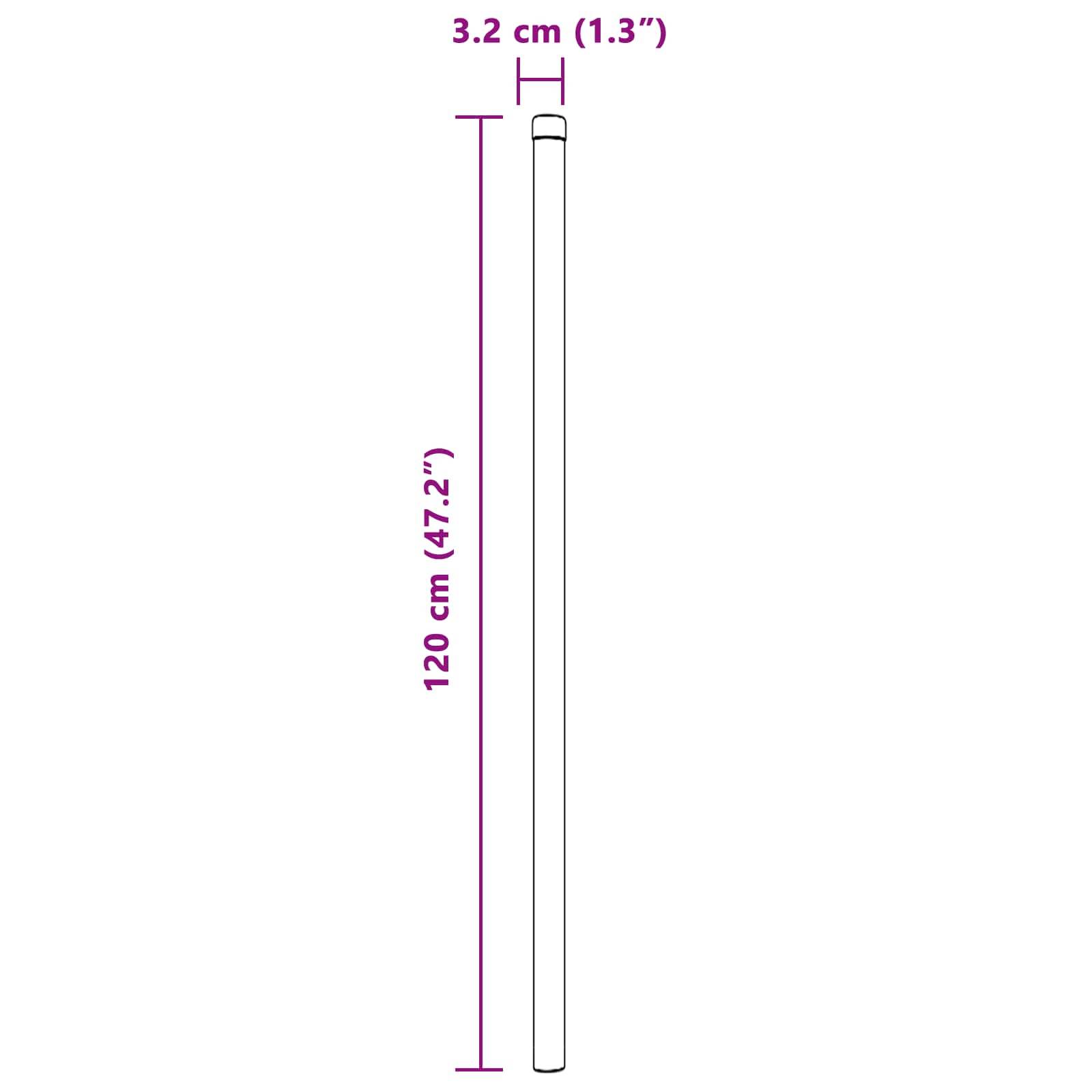 Diagramm einer Stange mit Abmessungen. Länge: 120 cm (47,2 Zoll). Durchmesser: 3,2 cm (1,3 Zoll).