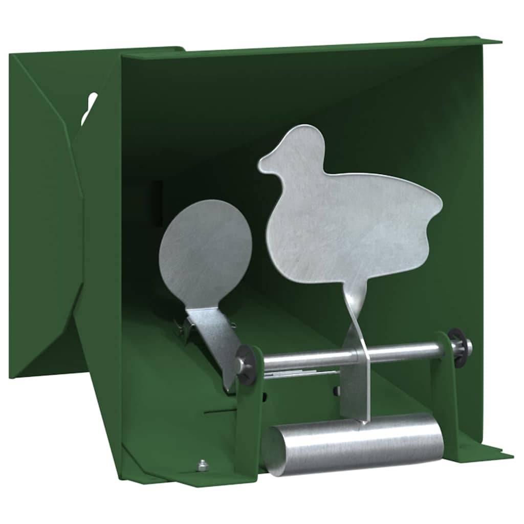 Eine grüne Metalltafel als Zielscheibe mit einer Silhouette einer Ente, die für Schießübungen verwendet wird und auf einer rechteckigen Basis montiert ist.
