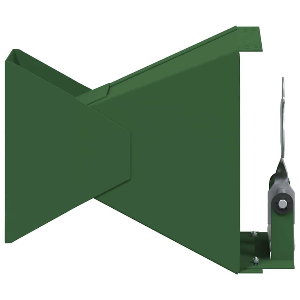 Eine grüne Metallholzspalteranbauvorrichtung mit einer scharfen Klinge auf einem Scharnier, entwickelt zum Spalten von Holzscheiten; von der Seite betrachtet.