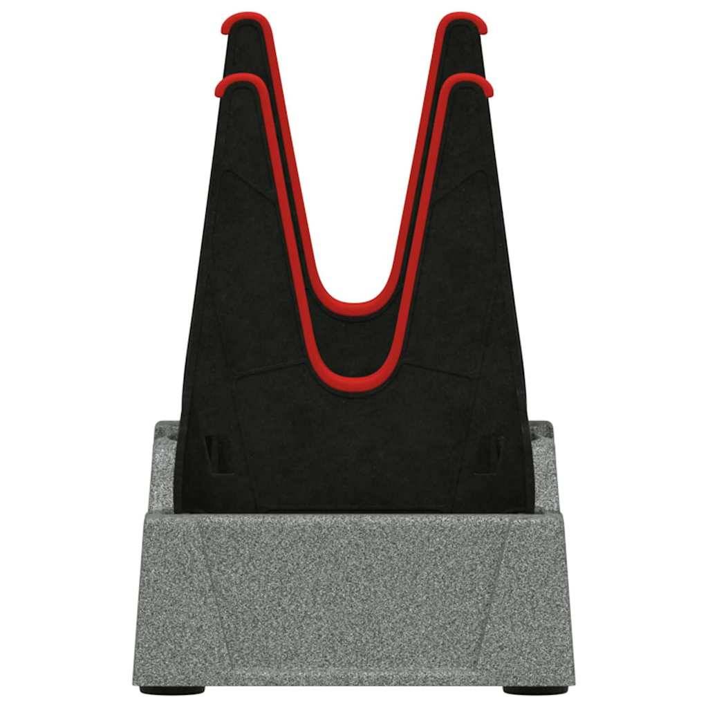 Ein schwarz-roter Gitarrenständer mit U-förmigem Design ist auf einer grauen rechteckigen Basis montiert und dient dazu, eine Gitarre aufrecht zu halten.