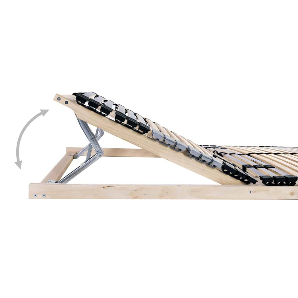 Verstellbares Bettgestell mit einer Holzbasis und Metallstützen, die den Kopfteil in einem Winkel angehoben zeigen, mit einem gebogenen Pfeil, der die Bewegung anzeigt.