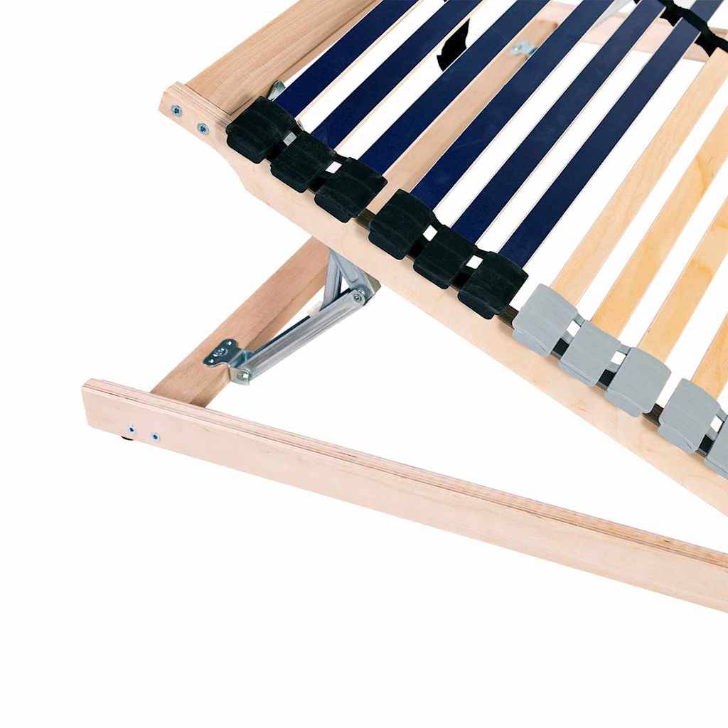 Ein verstellbares Holzbettgestell mit Lamellen und einem Metallscharnierssystem. Die Lamellen sind blau und flexibel, geeignet zur Unterstützung einer Matratze.