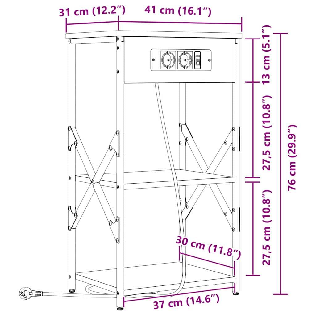 Eine Skizze eines faltbaren Metallständers mit Abmessungen: 76 cm hoch, 31 cm breit und 41 cm tief. Mit Regalen und einer Steckdose ausgestattet.