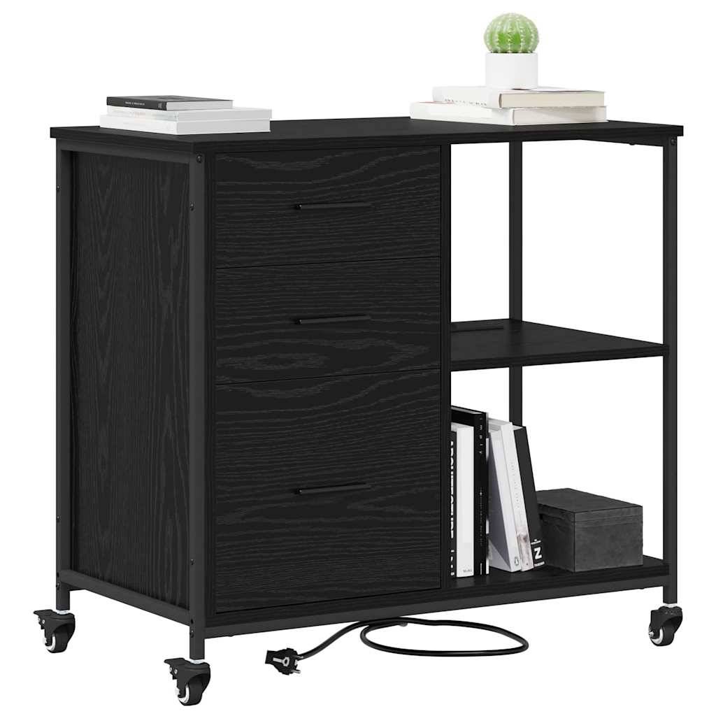 Ein schwarzer Rollcontainer mit Holzmaserung, ausgestattet mit zwei Schubladen auf einer Seite und zwei offenen Regalen auf der anderen Seite, auf denen Bücher und Dekorationsgegenstände platziert sind.