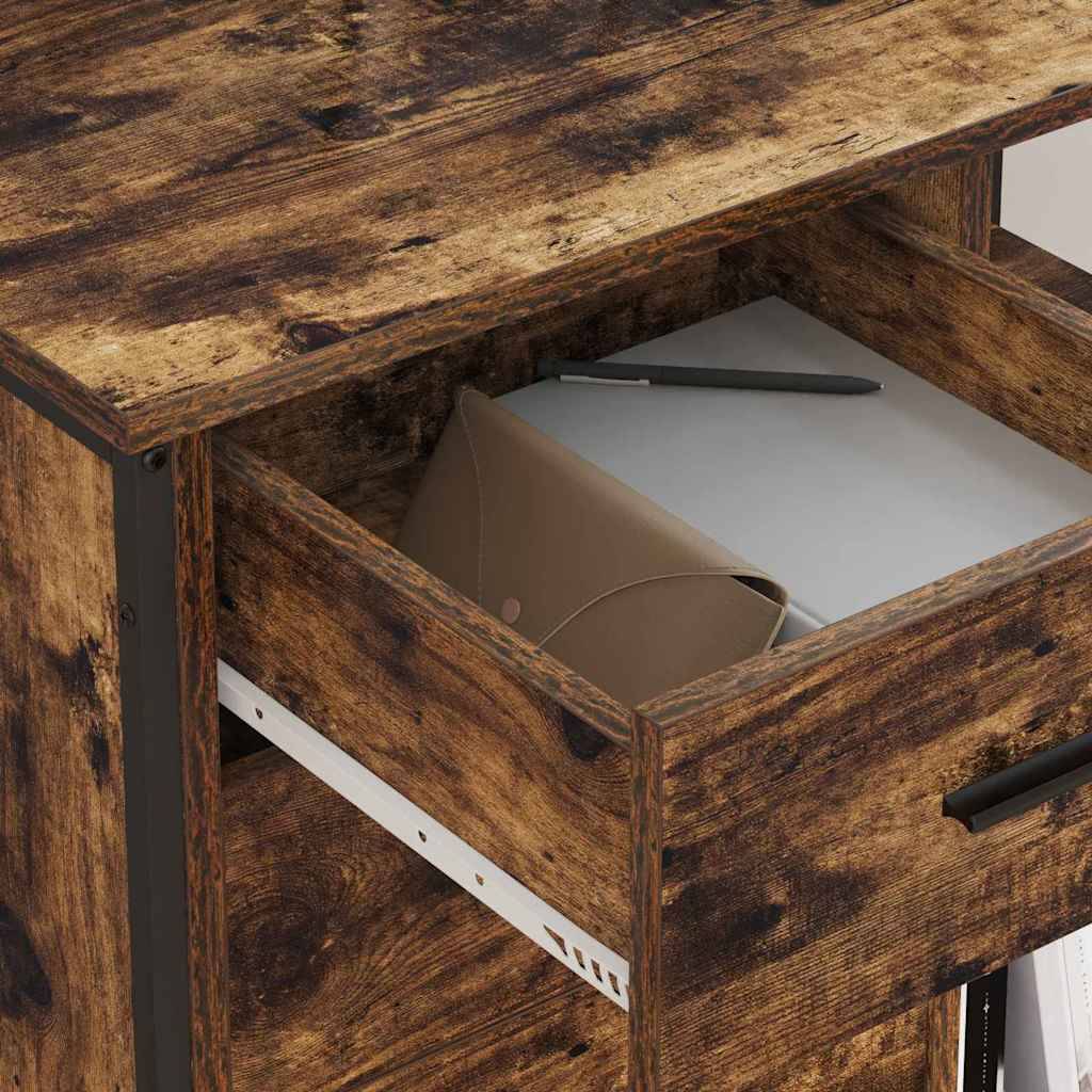 Offene Holzschublade mit einem Ordner und Papieren darin.