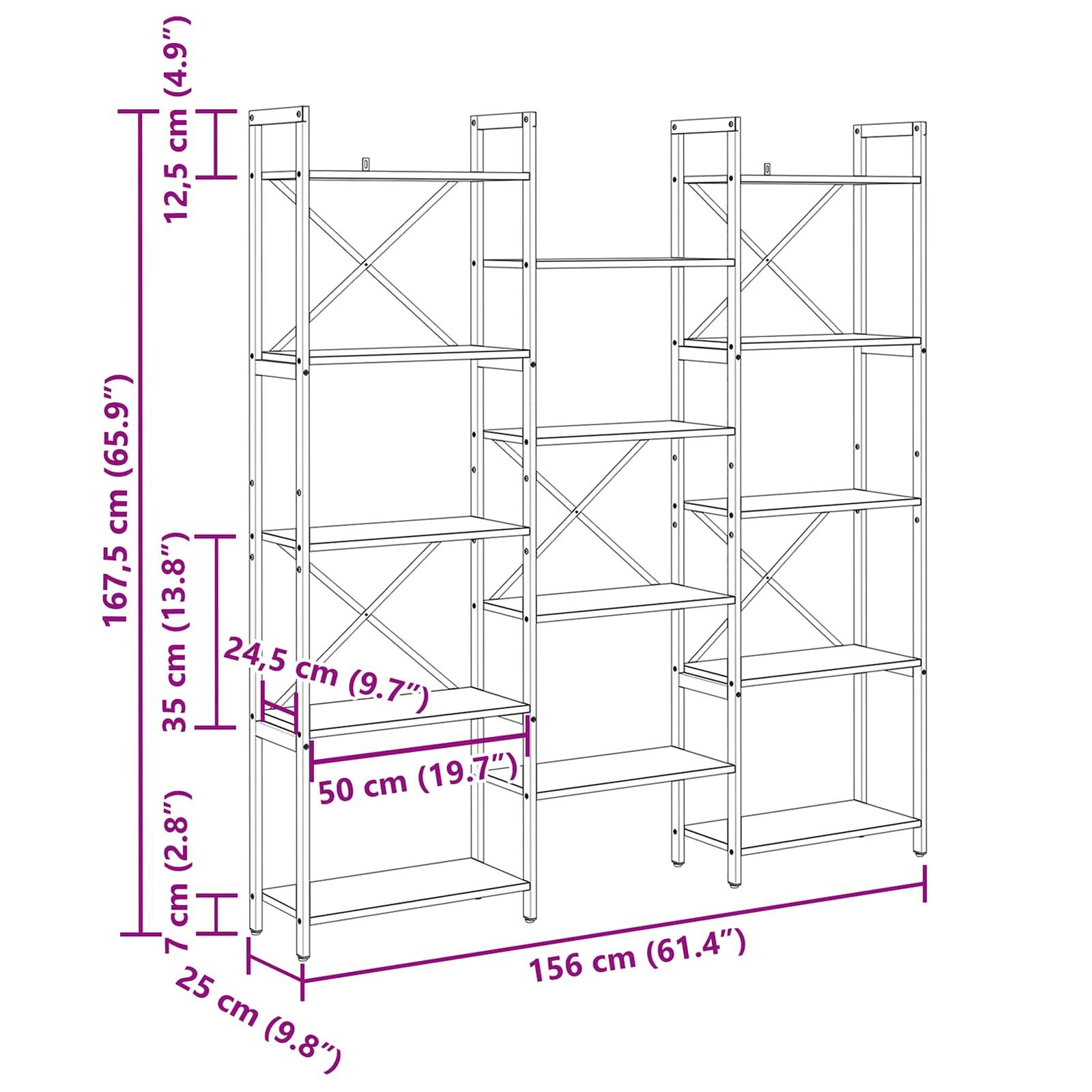 Montageanleitung Regaleinheit mit Maßen: Höhe 167,5 cm, Breite 156 cm, Tiefe 25 cm. Regale sind in der Höhe verstellbar.