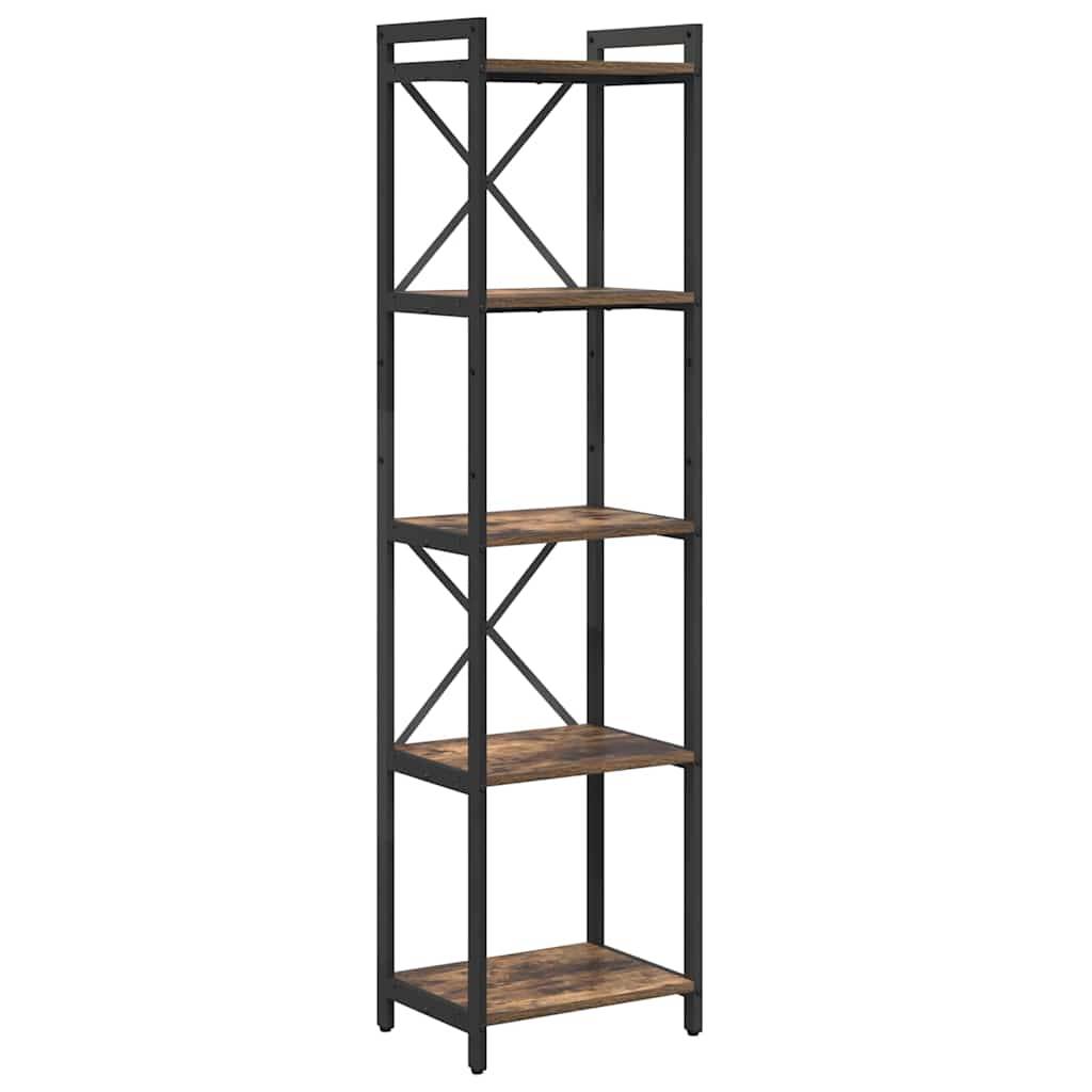 Hohe, schmale Bücherregal mit Metallrahmen und fünf Holzregalen, das ein Kreuzstreben-Design auf der Rückseite zur Stabilisierung aufweist.