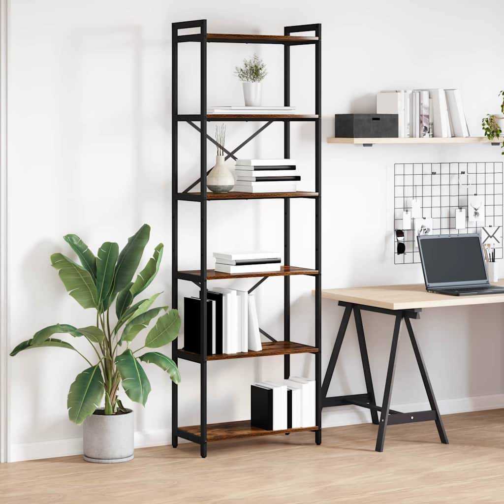 Ein modernes Homeoffice mit einem hohen, schwarzen Metall- und Holzregal, einem Schreibtisch mit einem Laptop, einer Lochplatte an der Wand und einer Topfpflanze.