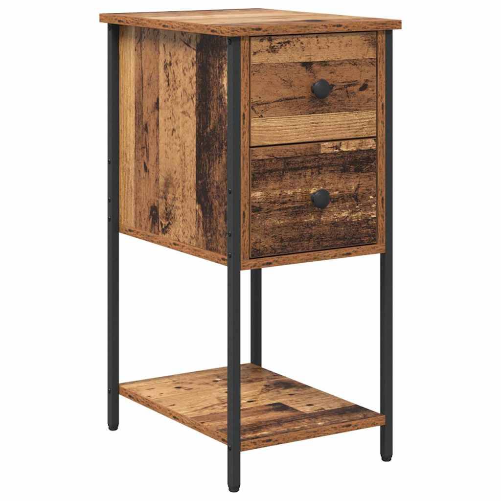 Rustikaler Holznachttisch mit zwei Schubladen, offenem unteren Regal und schwarzen Metallbeinen.