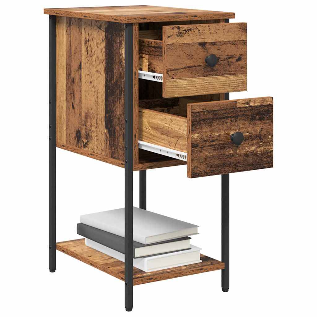 Rustikales Holz-Nachttischchen mit zwei Schubladen und einem offenen unteren Regal, das Bücher hält, auf schwarzen Metallfüßen.