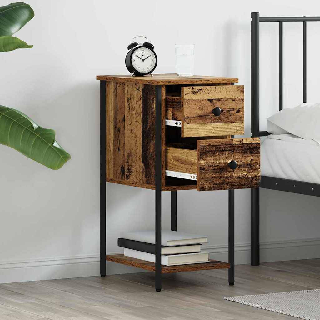 Rustikaler Nachttisch aus Holz mit schwarzen Metallbeinen neben einem Bett, zwei offene Schubladen, ein Wecker und ein Glas oben, und Bücher auf dem unteren Regal.