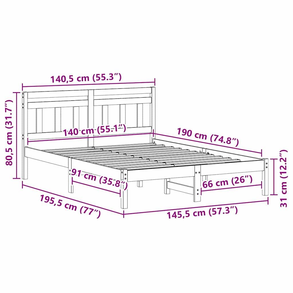 vidaXL Bettrahmen Braun 140 x 190 cm Massives Kiefernholz