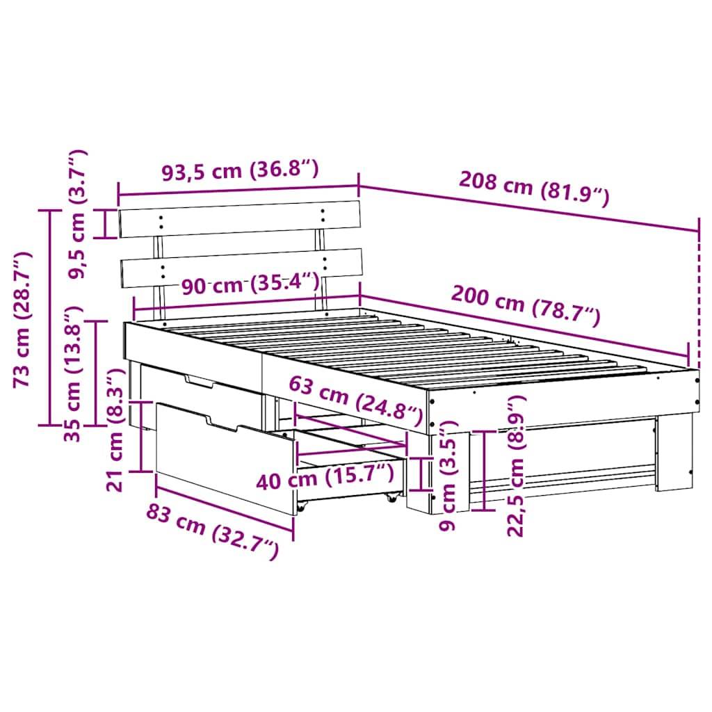 vidaXL Bettrahmen Wachsbraun 90 x 200 cm Massives Kiefernholz