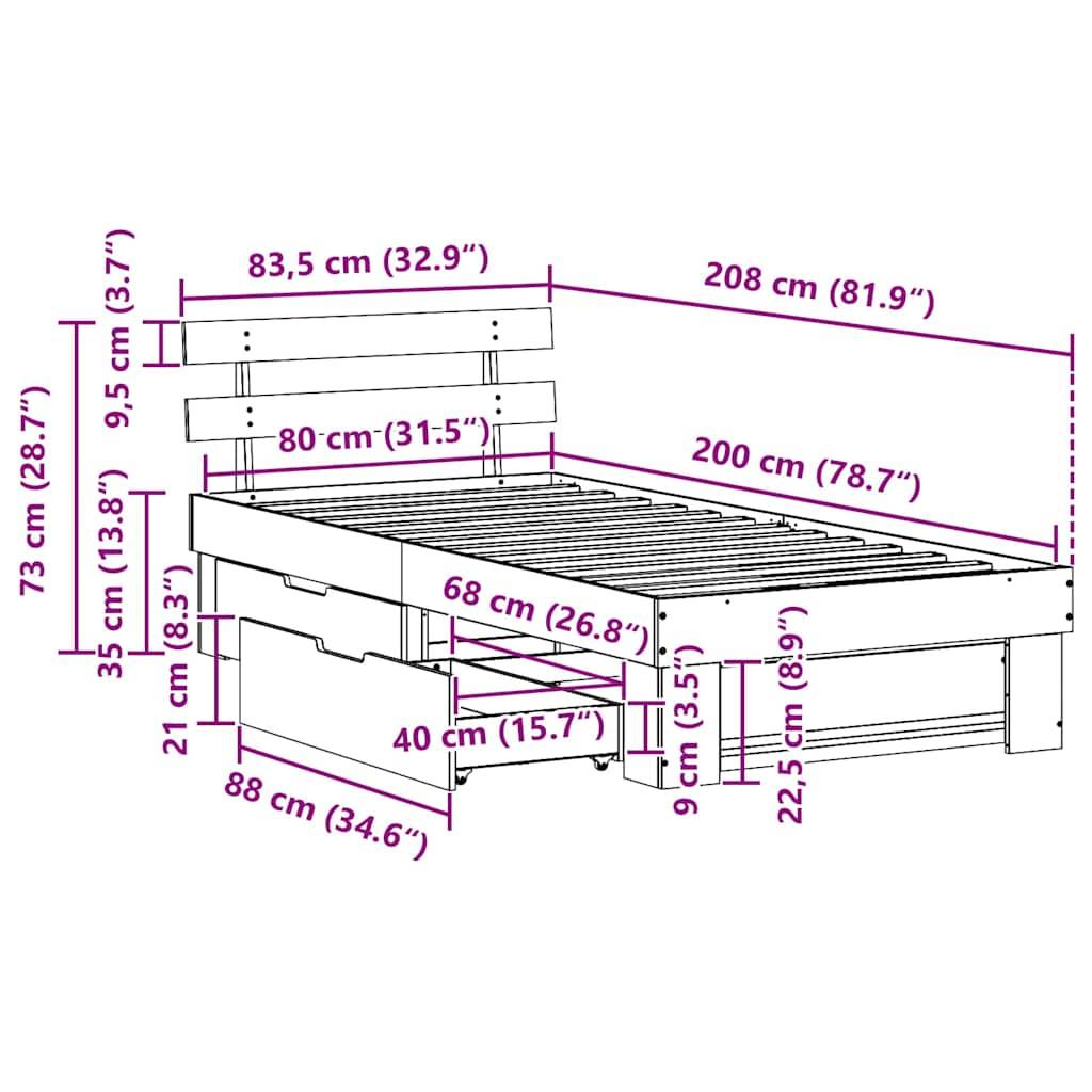 vidaXL Bettrahmen mit Kopfteil Natur 80 x 200 cm Massives Kiefernholz
