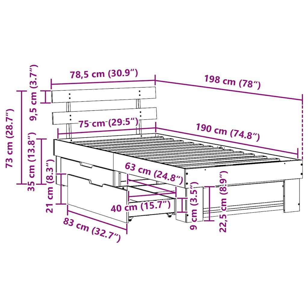 vidaXL Bettrahmen mit Kopfteil Weiß 75 x 190 cm Massives Kiefernholz