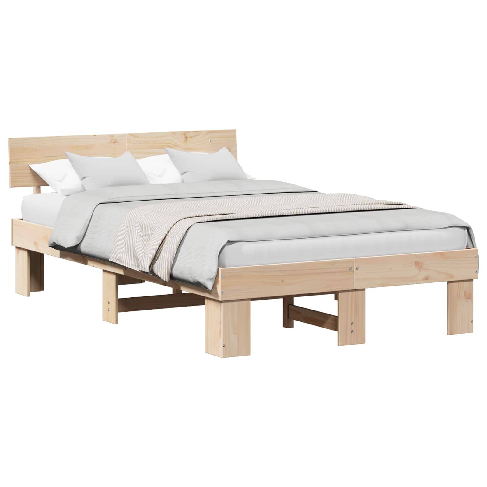 vidaXL Bettrahmen mit Kopfteil Natur 135 x 190 cm Massives Kiefernholz