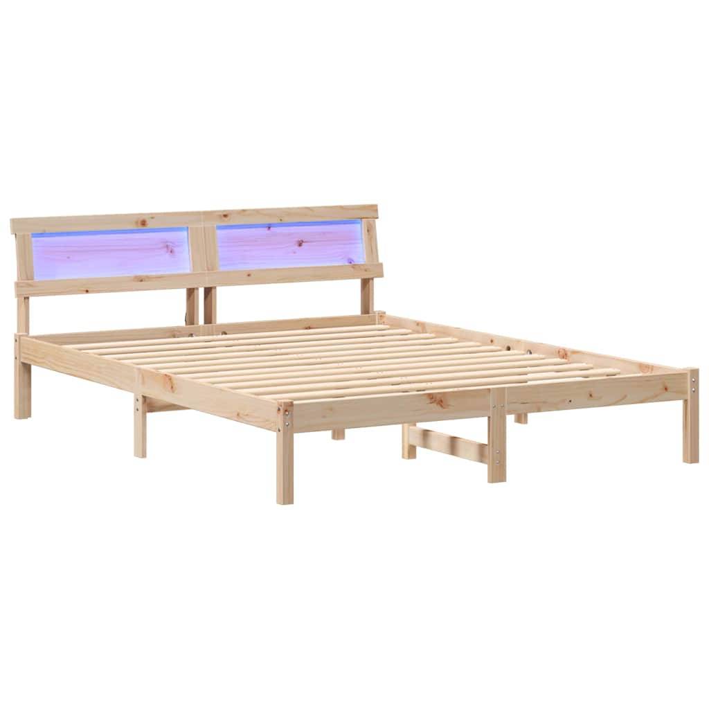 Ein Holzbettgestell mit Lattenrost und einem Kopfteil, das zwei Paneele mit blauen LED-Lichtern aufweist.