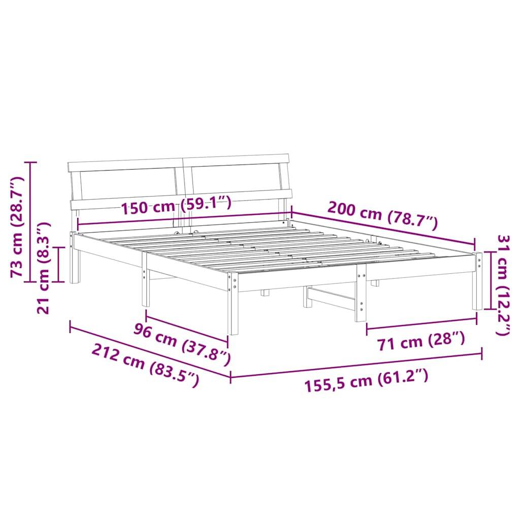vidaXL Bettrahmen mit Kopfteil Braun 150 x 200 cm Massives Kiefernholz