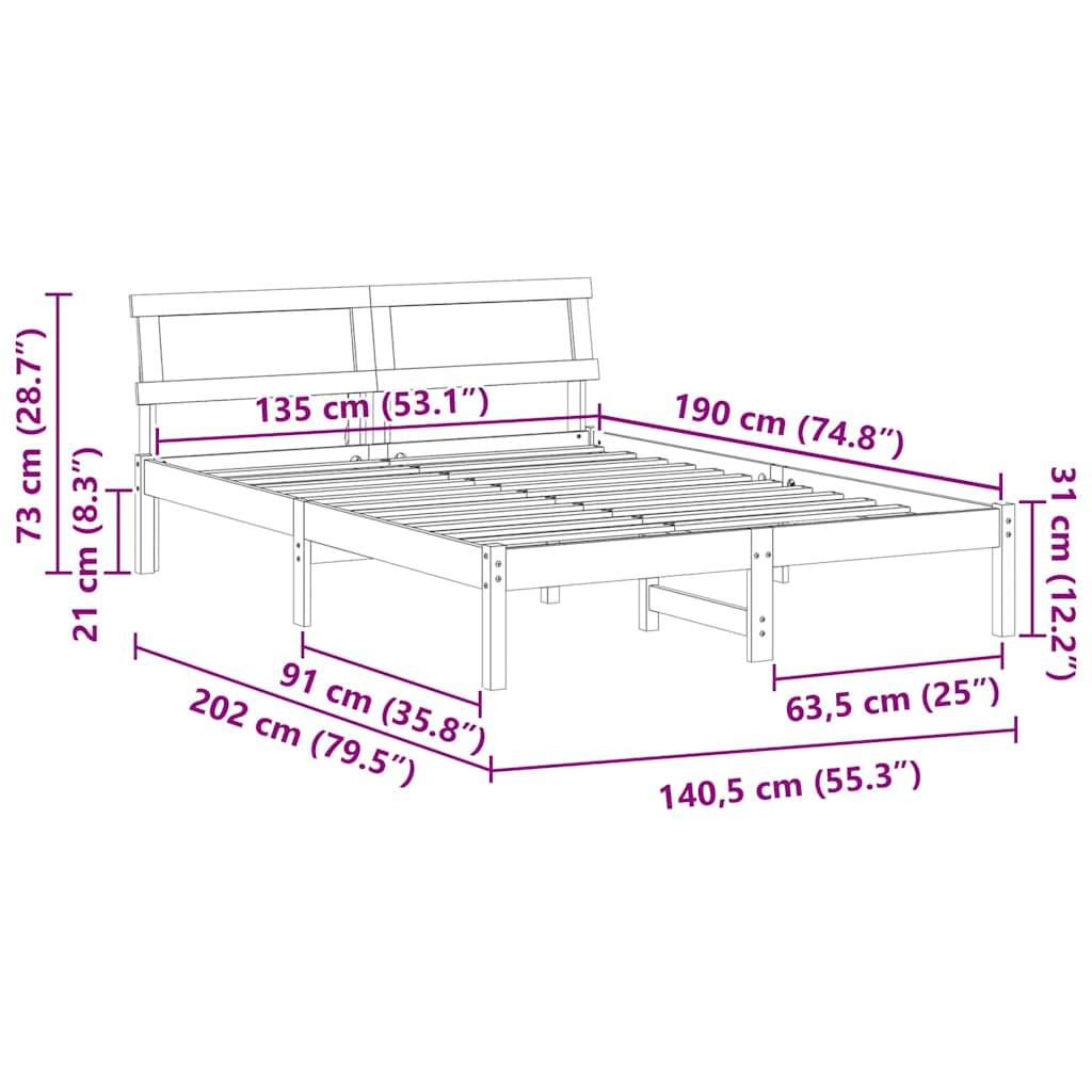 vidaXL Bettrahmen mit Kopfteil Weiß 135 x 190 cm Massives Kiefernholz