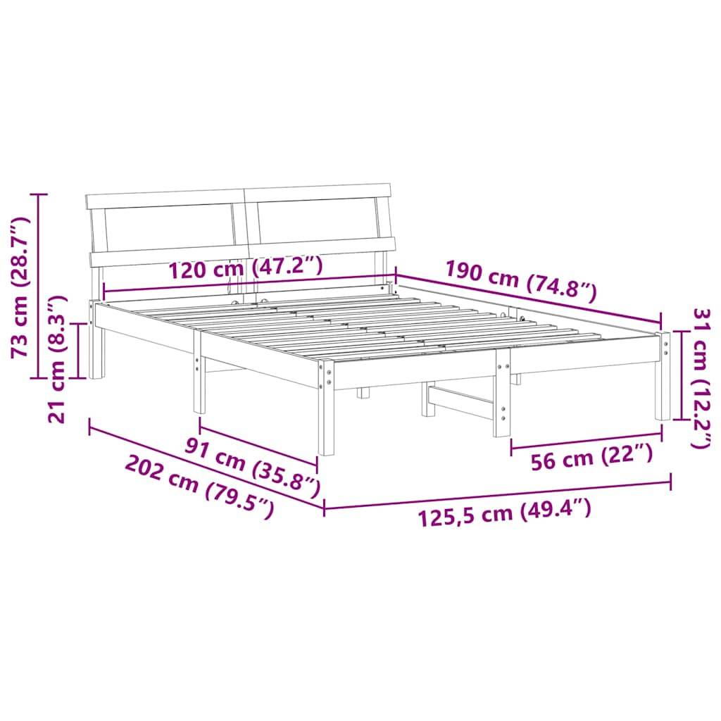 vidaXL Bettrahmen mit Kopfteil Braun 120 x 190 cm Massives Kiefernholz