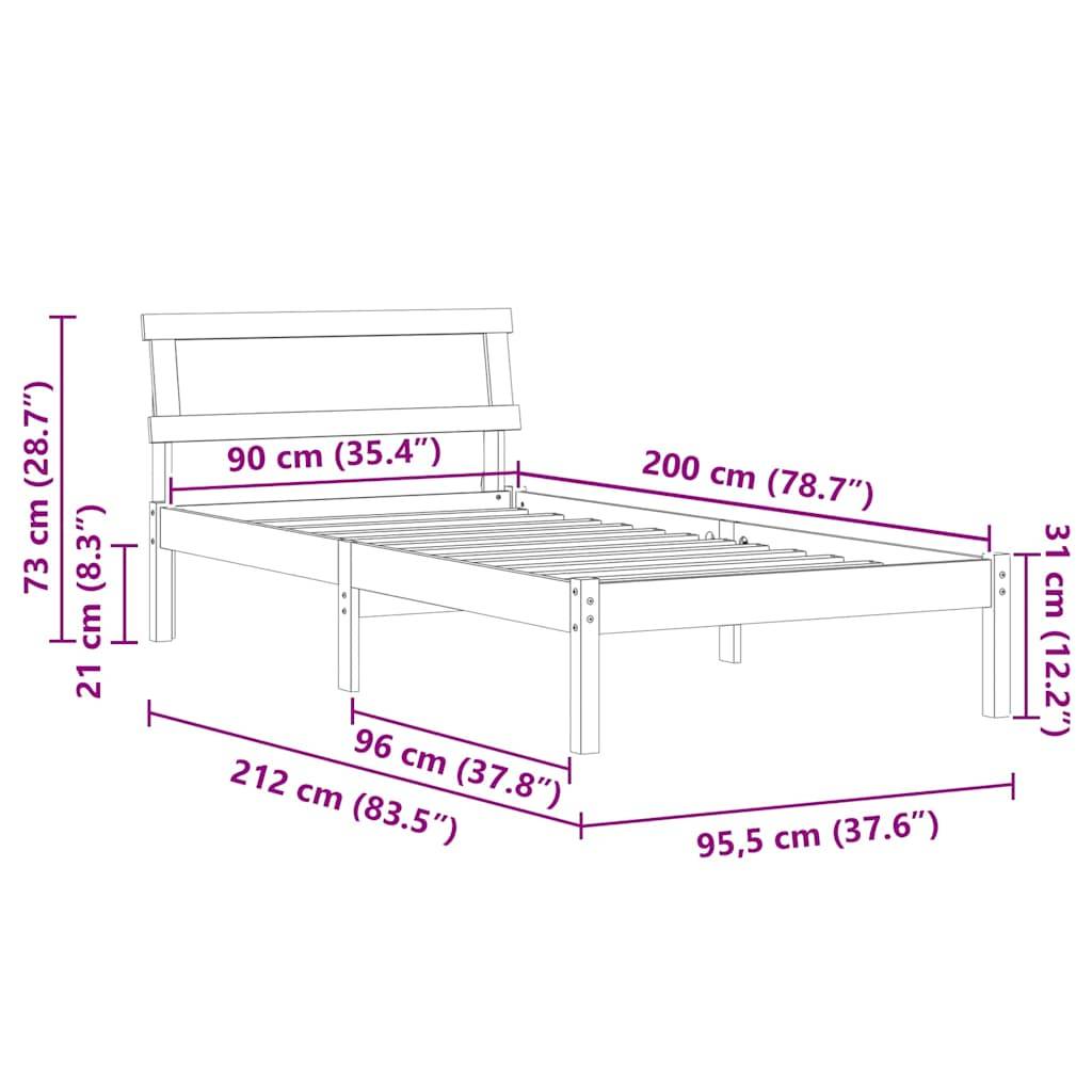 vidaXL Bettrahmen Wachsbraun 90 x 200 cm Massives Kiefernholz