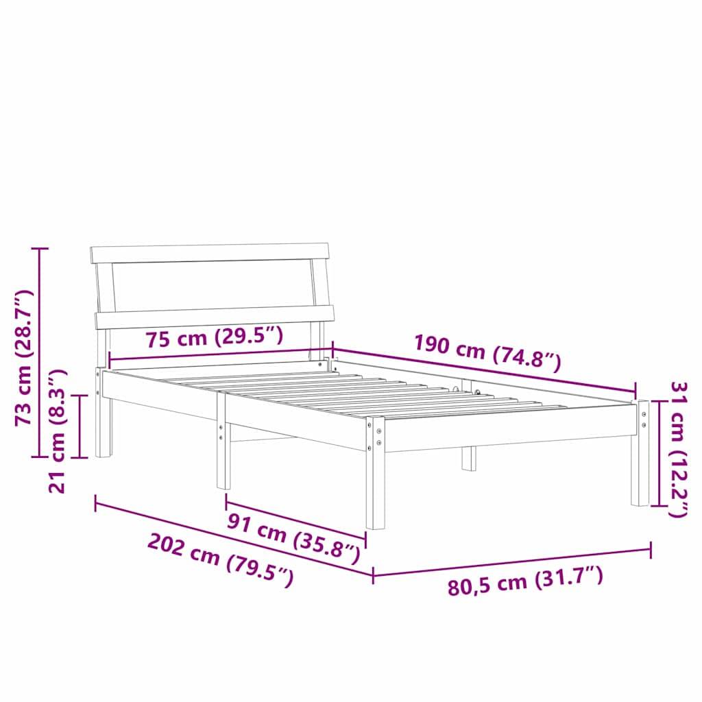vidaXL Bettrahmen mit Kopfteil Braun 75 x 190 cm Massives Kiefernholz