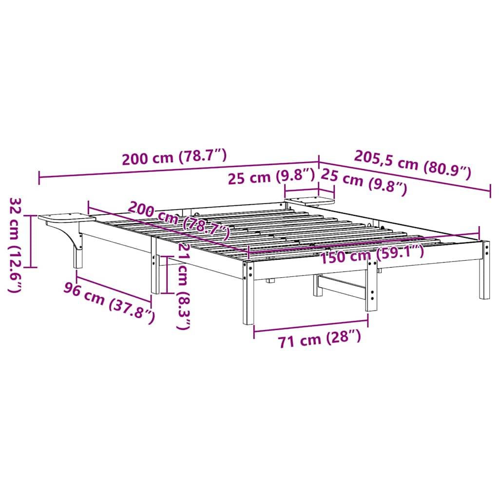 vidaXL Bettrahmen Natur 150 x 200 cm Massives Kiefernholz