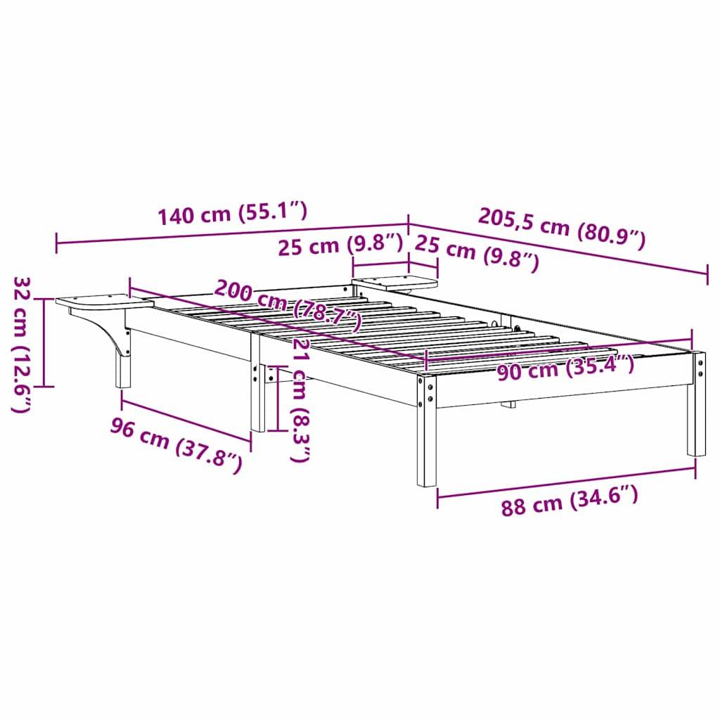 vidaXL Bettrahmen Wachsbraun 90 x 200 cm Massives Kiefernholz