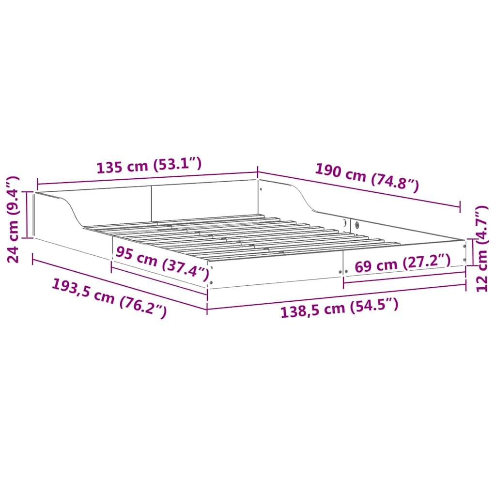 vidaXL Bettrahmen Wachsbraun 135 x 190 cm Massives Kiefernholz