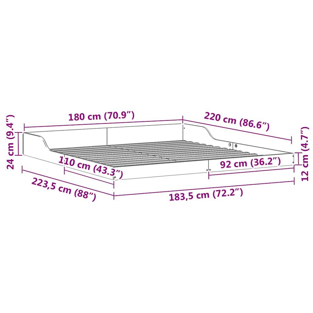 vidaXL Bettrahmen Braun 180 x 220 cm Massives Kiefernholz