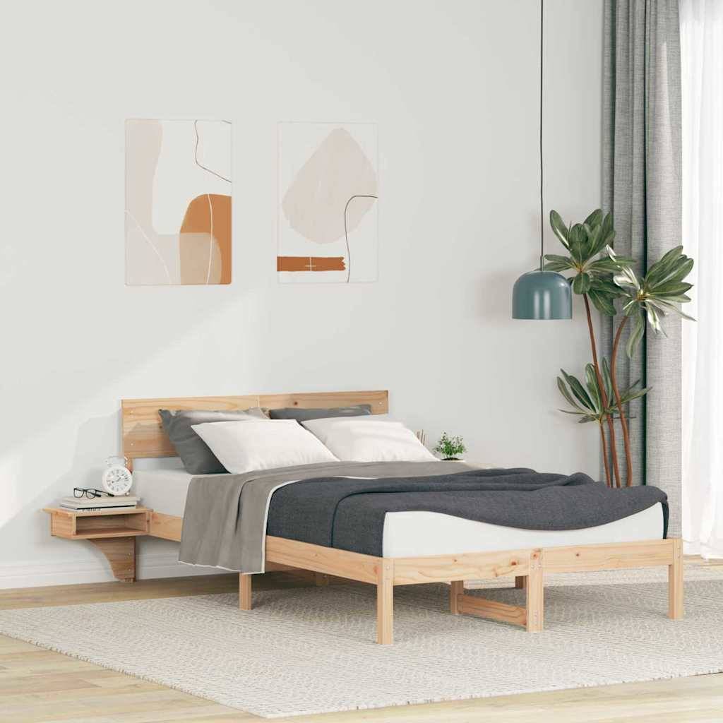 Ein minimalistisches Schlafzimmer zeigt ein Holzbett mit grauer Bettwäsche, moderne abstrakte Kunst, eine Bodenpflanze und eine Pendelleuchte an einer hellen Wand.