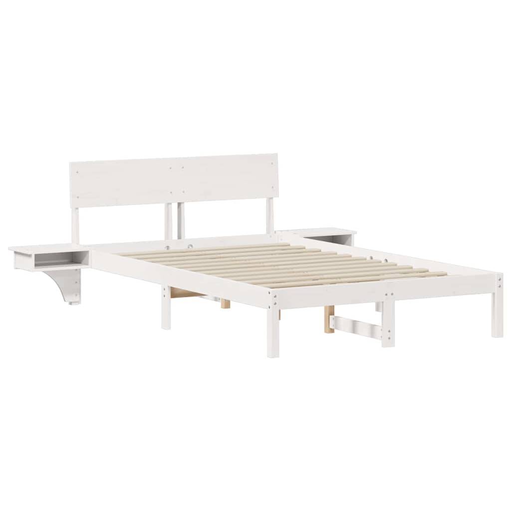 Weißer Holzbettenrahmen mit minimalistischem Design, ausgestattet mit einem Kopfteil, zwei wandmontieren Nachttischen und Lamellenunterstützung.