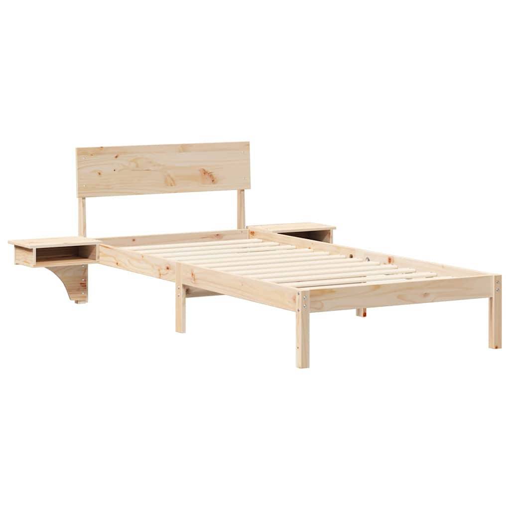 Holzbettgestell mit Lattenrost, schlichtem Kopfteil und integrierten Nachttischen. Helle Holzoberfläche, minimalistisches Design.