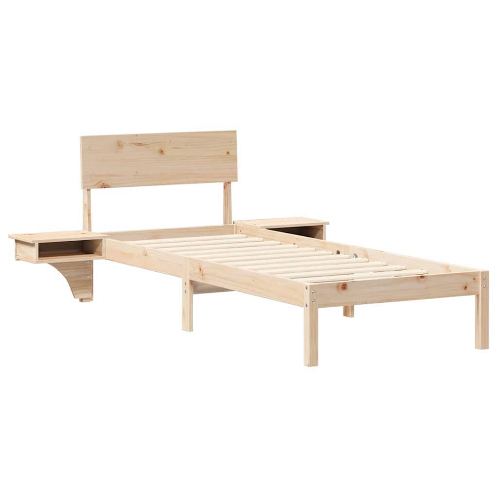 Holz-Doppelbett mit Lattenrost, Kopfteil und integrierten Nachttischen. Schlichter, natürlicher Holzfarbton.